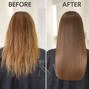 تصویر قبل و بعد آنزیم‌تراپی مو – درمان موهای خشک و آسیب‌دیده با نتیجه‌ی صاف و براق در سالن زیبایی