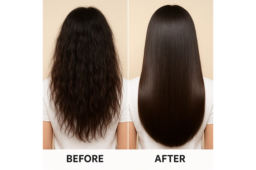 قبل و بعد ابریشم سازی مو | مقایسه موهای وز و خشک با موهای صاف، نرم و براق بعد از ابریشم سازی