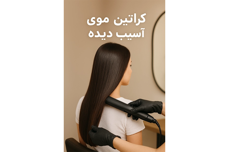 کراتین موهای آسیب دیده در سالن زیبایی؛ اجرای کراتینه با اتوی مو روی موهای صاف و درخشان توسط متخصص زیبایی